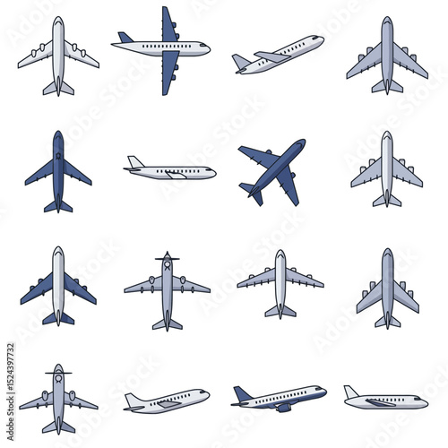 Plane vector icon set. Flying up airplane sign. Paper plane flat and line style. Travel aircraft route graphic elements isolated on white background. Vector illustration.