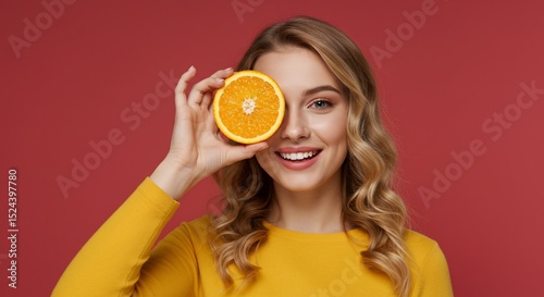 Wallpaper Mural Smiling blonde woman holding orange slice near her eye on plain background Torontodigital.ca
