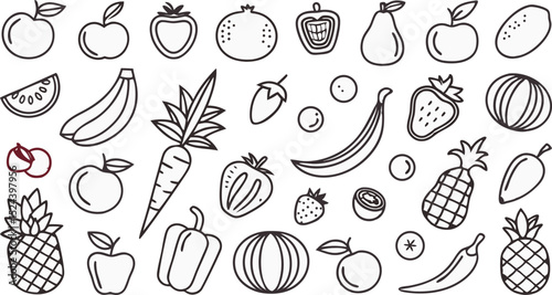 Fruit berry vegetable food line icon vector set.  minimalist vector illustration featuring a large collection of outlined fruits and vegetables.