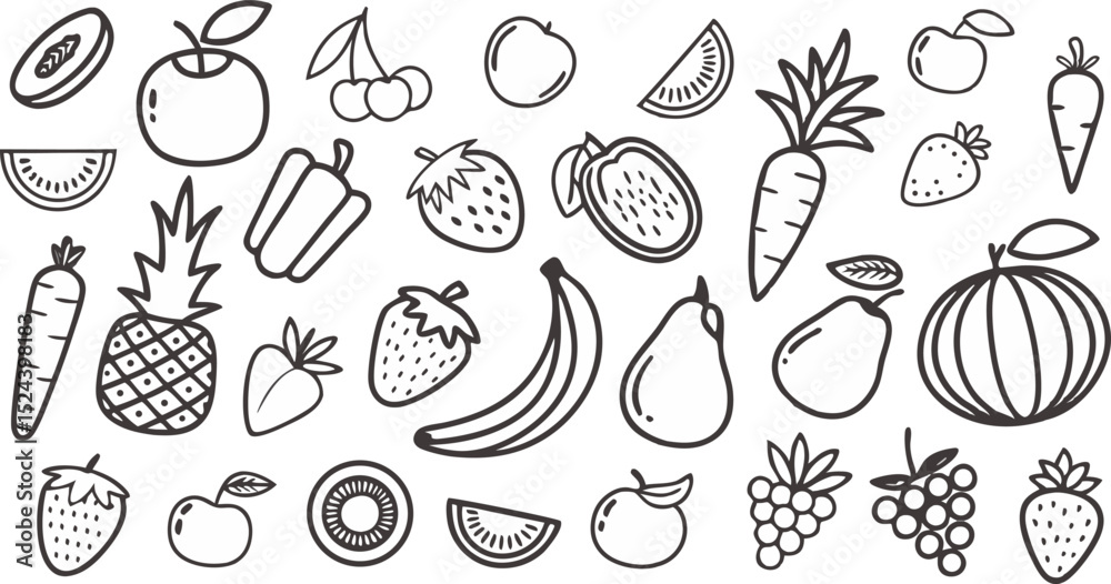 Fototapeta premium Fruit berry vegetable food line icon vector set. minimalist vector illustration featuring a large collection of outlined fruits and vegetables.