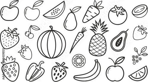Fruit berry vegetable food line icon vector set.  minimalist vector illustration featuring a large collection of outlined fruits and vegetables.