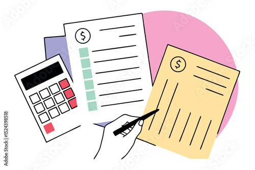 Person writing on a form with calculator nearby, tax season, business documents, desk workspace