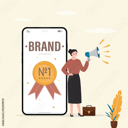 Female marketer with megaphone conducting brand awareness campaign. Brand awareness, businesswoman uses loudspeaker doing digital marketing,
