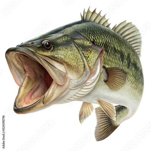 A detailed illustration of a large mouth bass fish with an open mouth, showcasing its vibrant green and white scales against a black background.