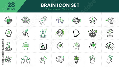  Brain icon set. Containing mind, brainstorming, head, neuron, cognition, thinking, intelligence and more. Solid vector icons collection.

