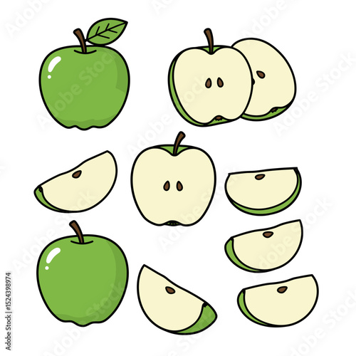 Green apple isolate. Apples on white background. Whole, half, slice green apple set with clipping path.