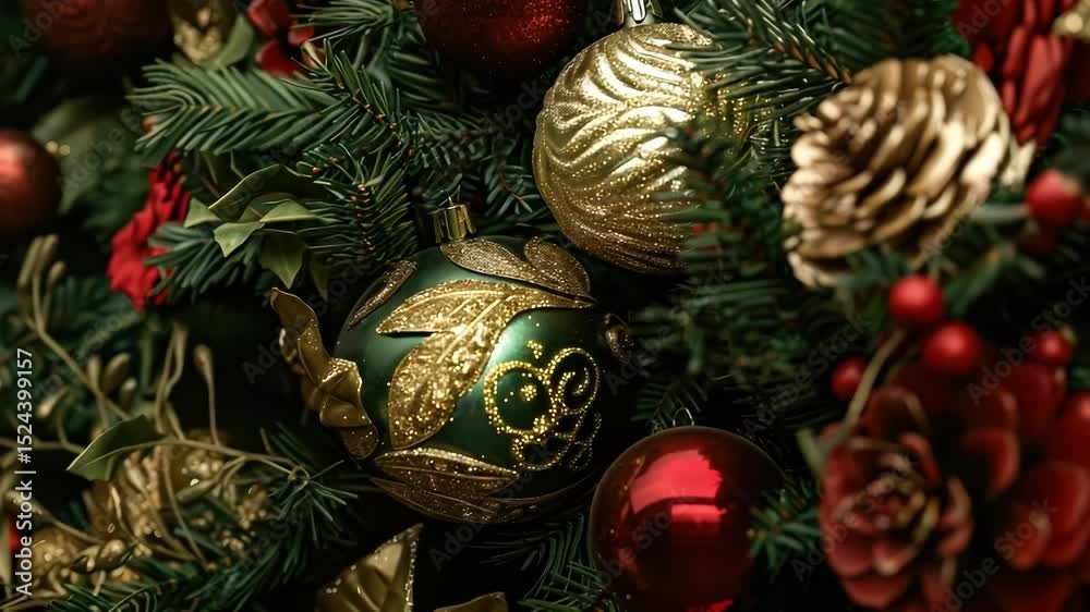 Christmas tree with many ornaments including a green ball with a leaf design. The tree is full of red and gold decorations