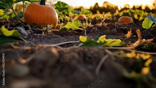 Vibrant orange pumpkins growing in cultivated field with lush green leaves in warm evening light during golden hour