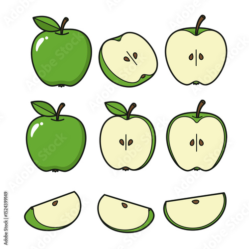 Green apple isolate. Apples on white background. Whole, half, slice green apple set with clipping path.