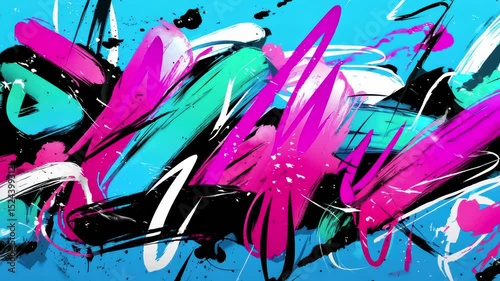 Dynamic graffiti swirls in pink, cyan, and black brushstrokes on a bright blue abstract backdrop