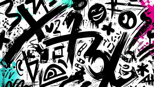 Monochrome graffiti with bold black brush strokes, abstract faces, and symbols on white background