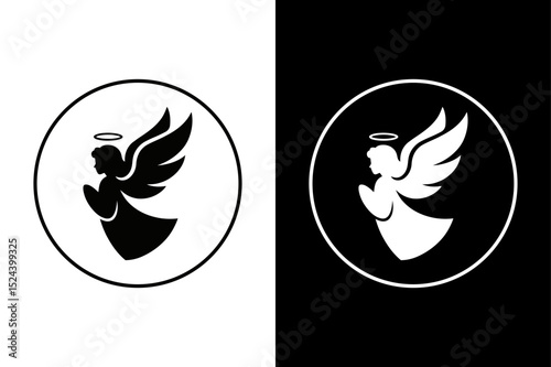 Elegant Angel Icon Silhouette Vector Monochrome Background.