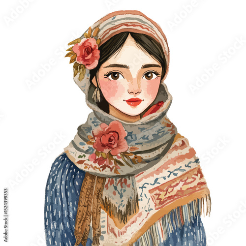 Watercolor portrait of a woman with a roseadorned headscarf and patterned shawl