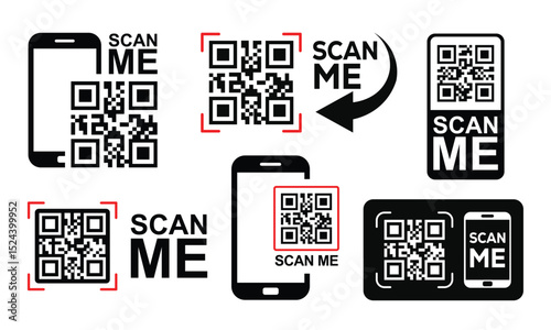 Grid of 6 black & white "Grid of flat black & white icons: QR codes and stylized smartphones. Shows QR scanning stages - code to phone display with red focus box. Includes 'SCAN ME' text. Clean
