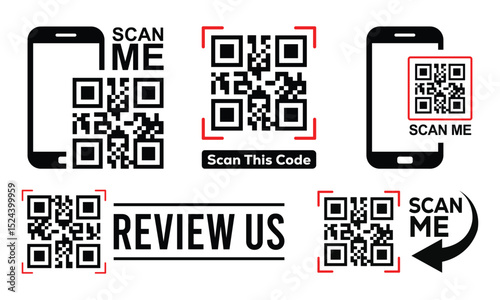 Black and white QR code graphics with red framing. Includes smartphone icons, "Scan Me" and "Review Us" text. Visual templates for product info, customer reviews, and digital engagement.