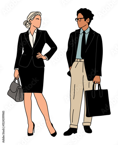 Business couple of professional businesswoman and businessman standing in formal office attire, holding bags. Corporate fashion, teamwork, and modern business concept. Outline colored drawing isolated