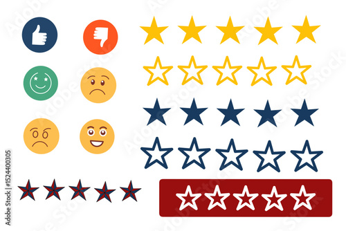 rating icons pack with stars emojis and thumbs for feedback, reviews, survey, opinion, evaluation, ux ui design, social media and customer satisfaction