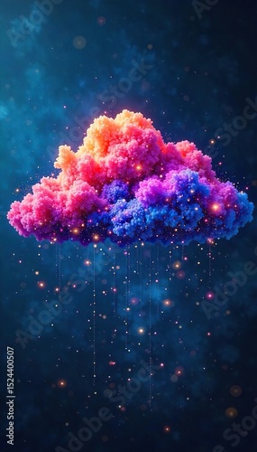 A vibrant, colorful cloud formation resembling a network of interconnected nodes, symbolizing the concept of shared data and resources in the cloud , cloud storage, data management, connectivity