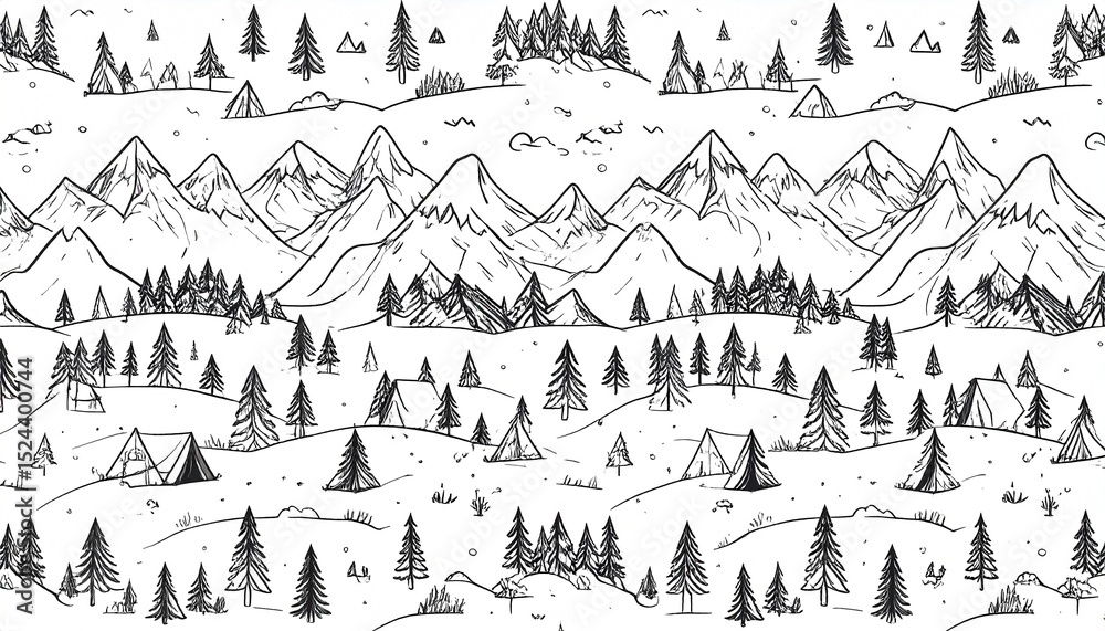 Fototapeta premium A repeating pattern of hand-drawn black ink mountains, snowy peaks, evergreen trees, and simple camping tents on a white background