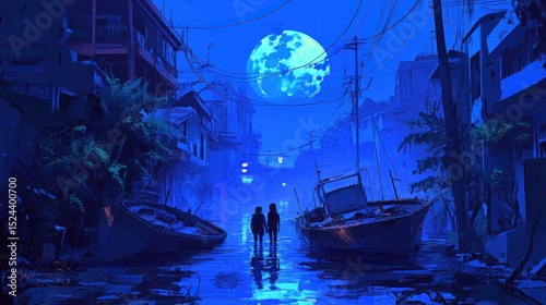 Ethereal midnight stroll: A couple under the mystical glow of a large moon in a serene river