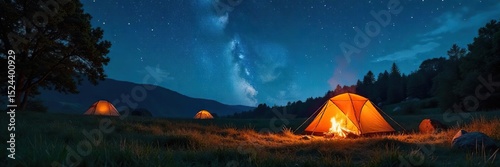 A crackling campfire under a starlit summer sky, illuminating tents pitched in a lush green meadow Perfect for travel, adventure, and nature-themed projects , summer, landscape