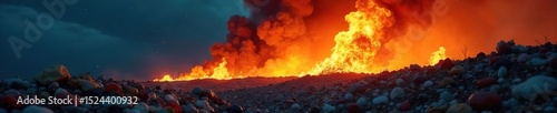 Fiery inferno engulfing discarded plastic waste, billowing toxic smoke into the night sky Environmental disaster, pollution, recycling crisis , fire, flames, melted plastic