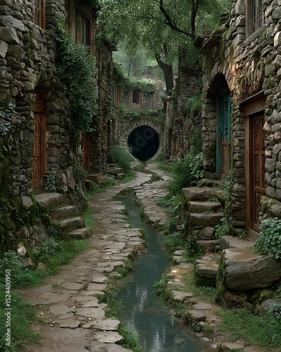 Quiet forest village with green shadows high resolution picture