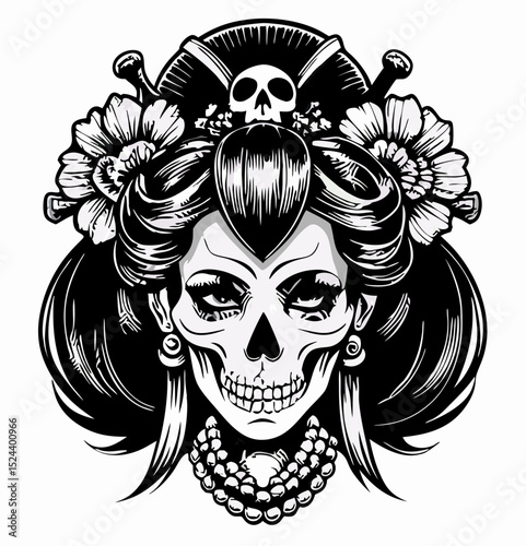 Black and White Skull Geisha Tattoo Design