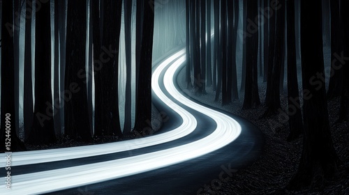 Mysterious illuminated road winding through a dark and dense forest at night