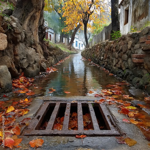 Rainy village lane filled with leaves high resolution picture