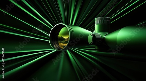 An abstract artistic representation of a rifle scope with a landscape view