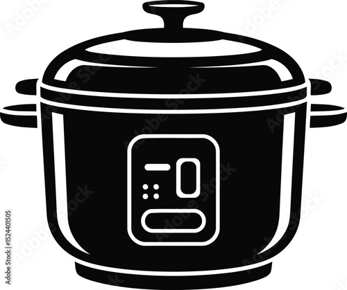"Black and White Vector Illustration of an Electric Rice Cooker with Control Panel and Lid Handle"