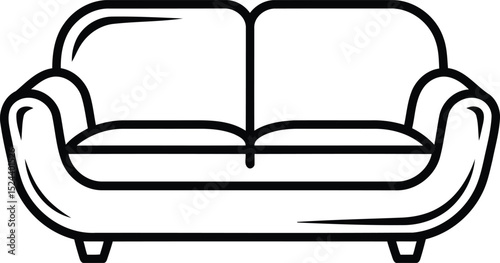 "Black and White Vector Illustration of a Modern Two-Seater Sofa with Cushioned Back and Rounded Armrests"