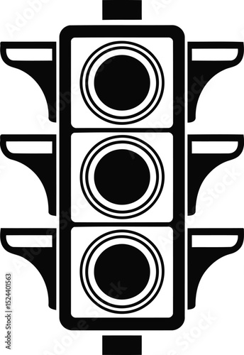 "Black and White Vector Illustration of a Traffic Light with Three Signals and Side Visors – Front View"