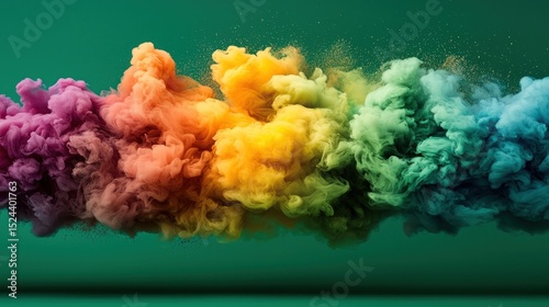 Vibrant rainbow smoke explosion against a serene dark green gradient background