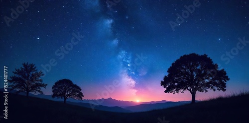 Silhouette of trees against a star-filled night sky, conveying a sense of peace and spiritual reflection Perfect for meditation, yoga, or mindfulness themes , spirituality, cosmos