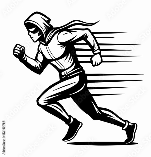 Fast Running Superhero Illustration, Black and White
