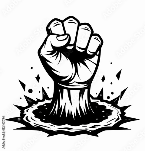 Raised Fist Emerging from Hole - Black and White Graphic