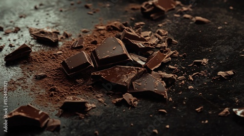 Decadent dark chocolate chunks and cocoa powder scattered on a black surface photo