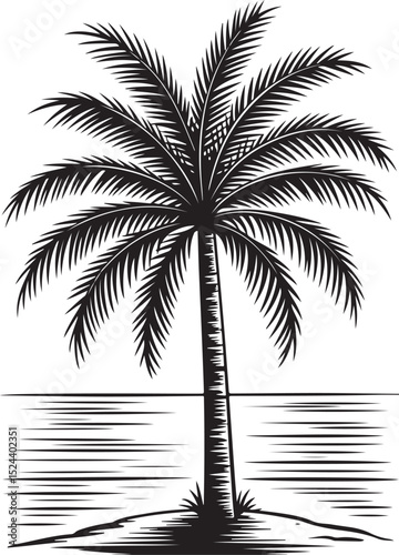 Elegant Palm Tree Illustration Tropical Beach Scene in Monochrome