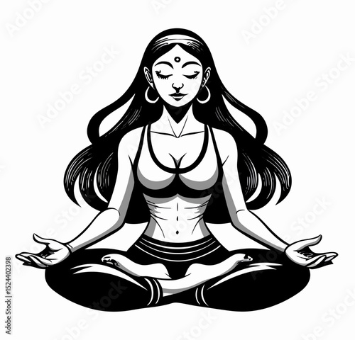 Woman Meditating in Lotus Pose, Black and White Illustration