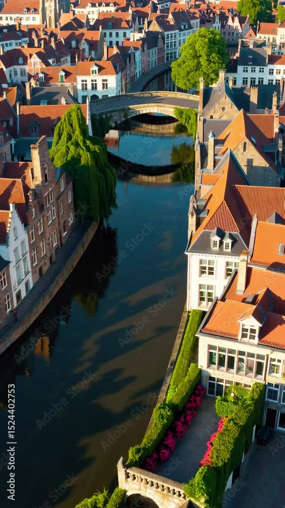 Bruges canals in the morning sun, a panoramic view