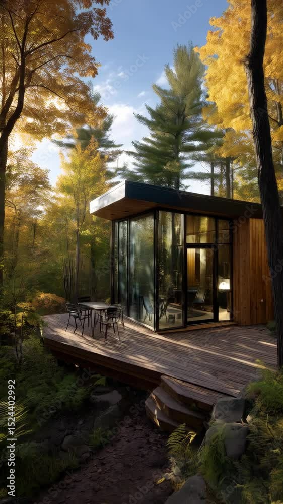 Modern glass and wood cabin with terrace in an autumn forest. Exterior view of a minimalist building design among yellow foliage trees and a hiking trail. Modern glass and wood cabin with terrace in an autumn forest. Exterior view of a minimalist building design among yellow foliage trees and a hiking trail.