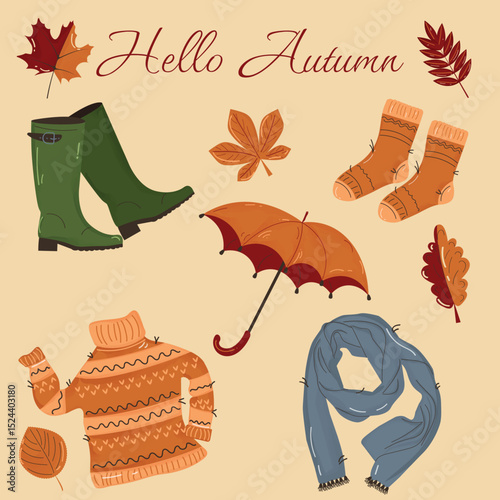 Autumn vector set with rubber boots, sweater, umbrella, scarf and leaves