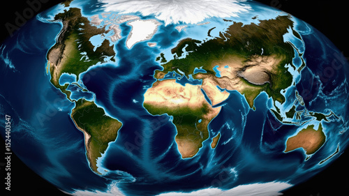 This representation of Earth displays a vibrant view of continents and oceans, emphasizing landforms and water bodies. The imagery highlights the geographical diversity of the planet