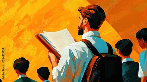 Illustration of a Teacher Reading to Students with Warm Tones and Artistic Style