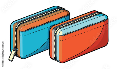 Photo of two vibrant zippered pouches, one teal and one coral, rest side by side, isolated on white background