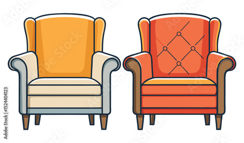 Photo of two upholstered armchairs, one orange and one yellowbeige, sit sidebyside, isolated on white background