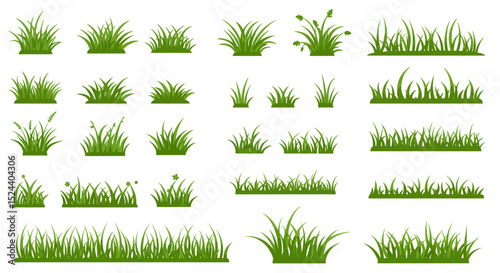 Various Green Grass Clumps and Strips Isolated on White Background Representing Lawn Nature Environment and Field Vegetation
