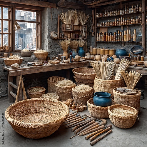 Rural woven basket with grain supplies high resolution picture